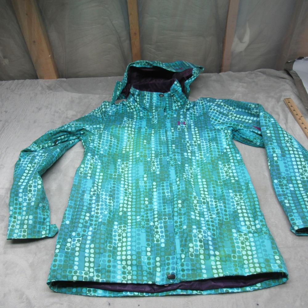 Under Armour Jacket Womens Medium Blue Geometric Hooded Wind Rain‎ Winter Ski